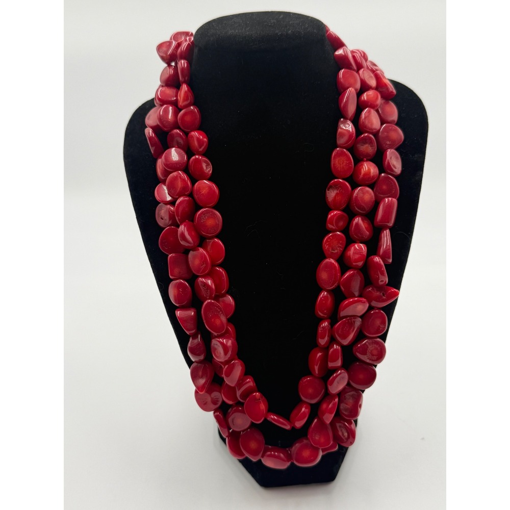 LUC Lucas Lameth 925 Sterling Silver Red Coral Style 3 Strand Long Necklace